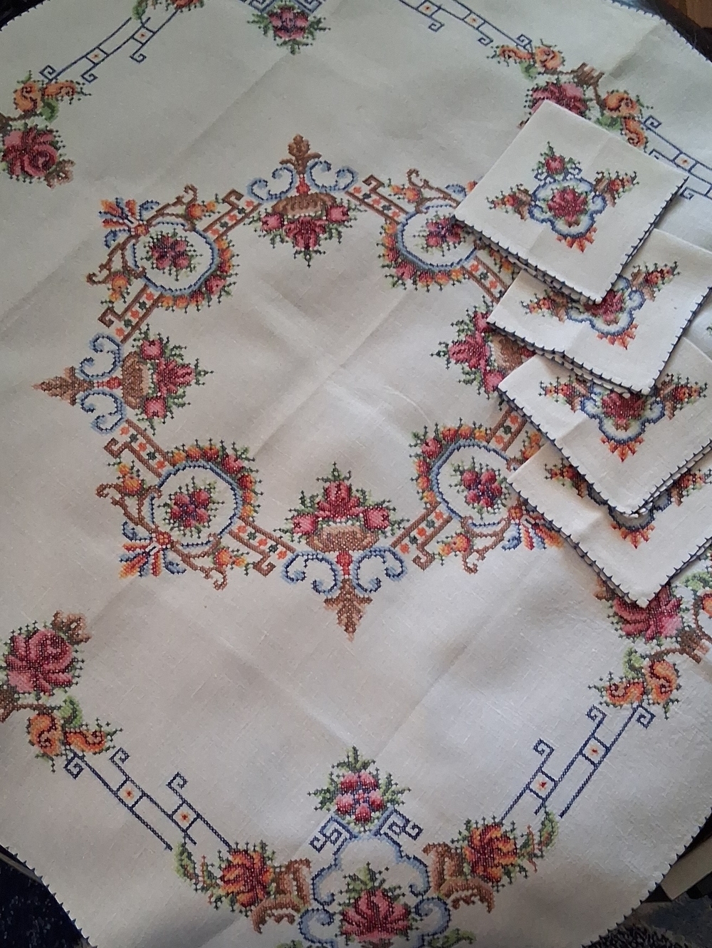 Vintage Cross-stiched Floral Table Linen Set - Cream with Pink & Green Accents